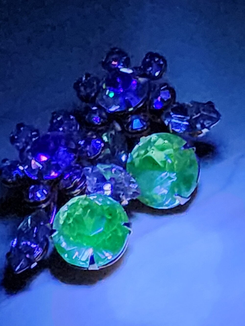 Vintage Uranium Glass Rhinestone Floral Clip Earrings UV Reactive AB  Climbers